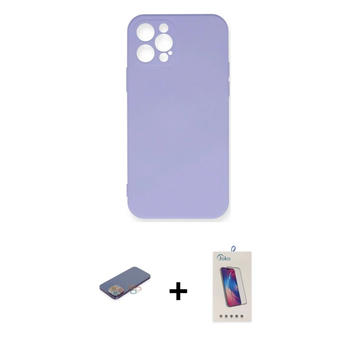 MARSİLYAN™- iPhone 12 Pro Max Kılıf Ahenk Serisi - Siyah Joko 5D Cam + Renkli Kamera Lens Koruma Cam - PE