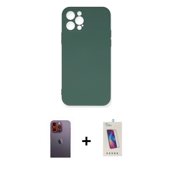 MARSİLYAN™- iPhone 12 Pro Max Kılıf Ahenk Serisi - Siyah Joko 5D Cam + Turuncu Neon Fosforlu Kamera Lens