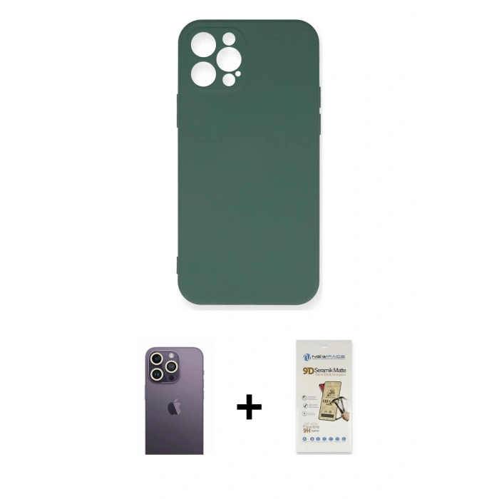 MARSİLYAN™- iPhone 12 Pro Max Kılıf Ahenk Serisi - Siyah Mat Seramik Nano Ekran Koruyucu + Neon Fosforlu Kamera Lens - BZ