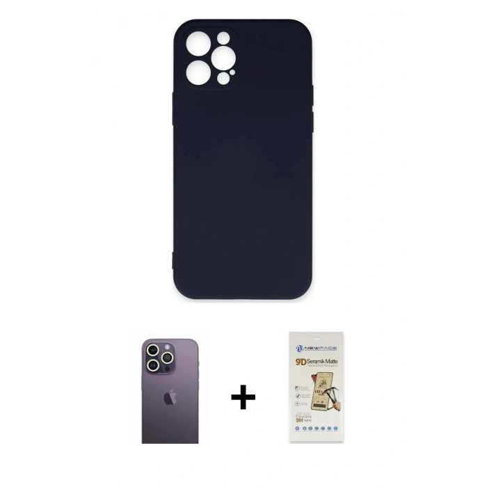 MARSİLYAN™- iPhone 12 Pro Max Kılıf Ahenk Serisi - Siyah Mat Seramik Nano Ekran Koruyucu + Neon Fosforlu Kamera Lens - BZ