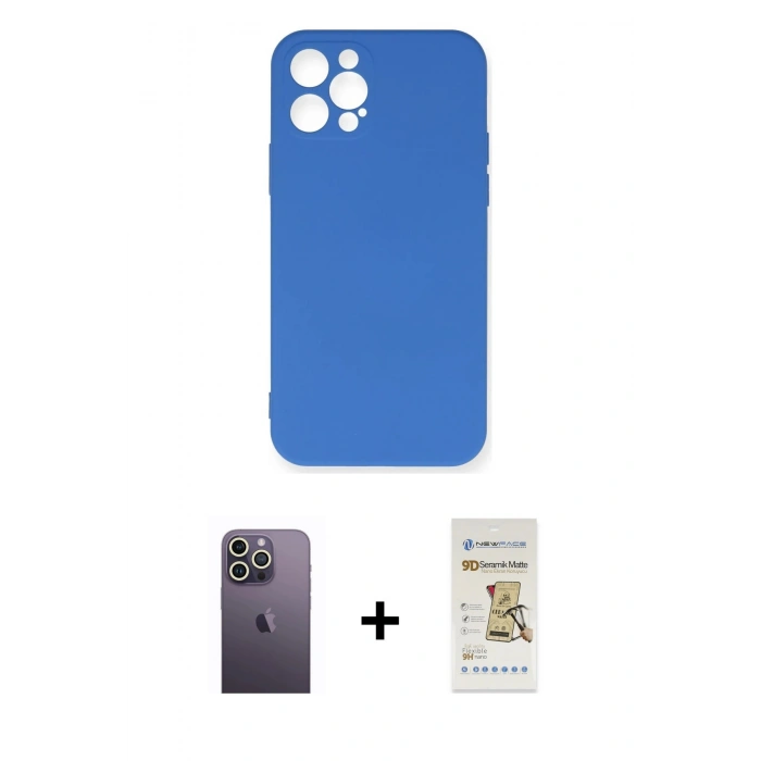 MARSİLYAN™- iPhone 12 Pro Max Kılıf Ahenk Serisi - Siyah Mat Seramik Nano Ekran Koruyucu + Neon Fosforlu Kamera Lens - BZ