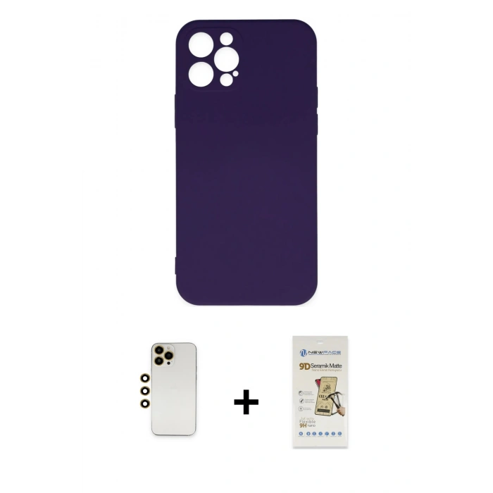 MARSİLYAN™- iPhone 12 Pro Max Kılıf Ahenk Serisi - Siyah Mat Seramik Nano Ekran Koruyucu + Shine Kamera Lens - GD