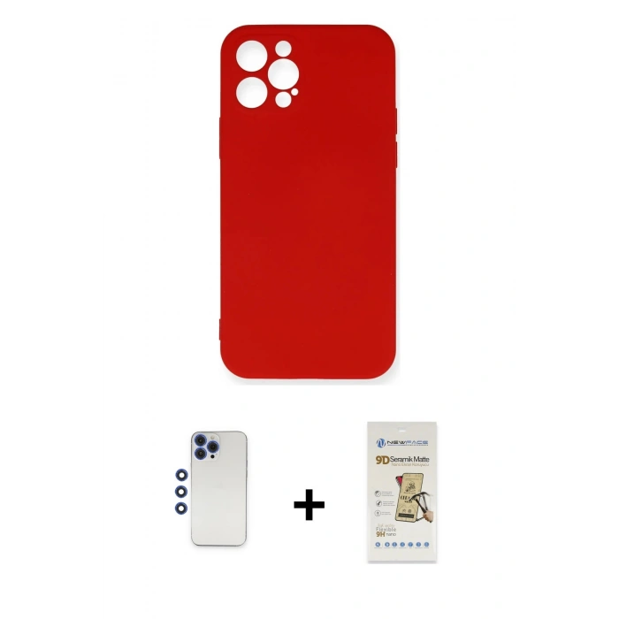 MARSİLYAN™- iPhone 12 Pro Max Kılıf Ahenk Serisi - Siyah Mat Seramik Nano Ekran Koruyucu + Lacivert Shine Kamera Lens