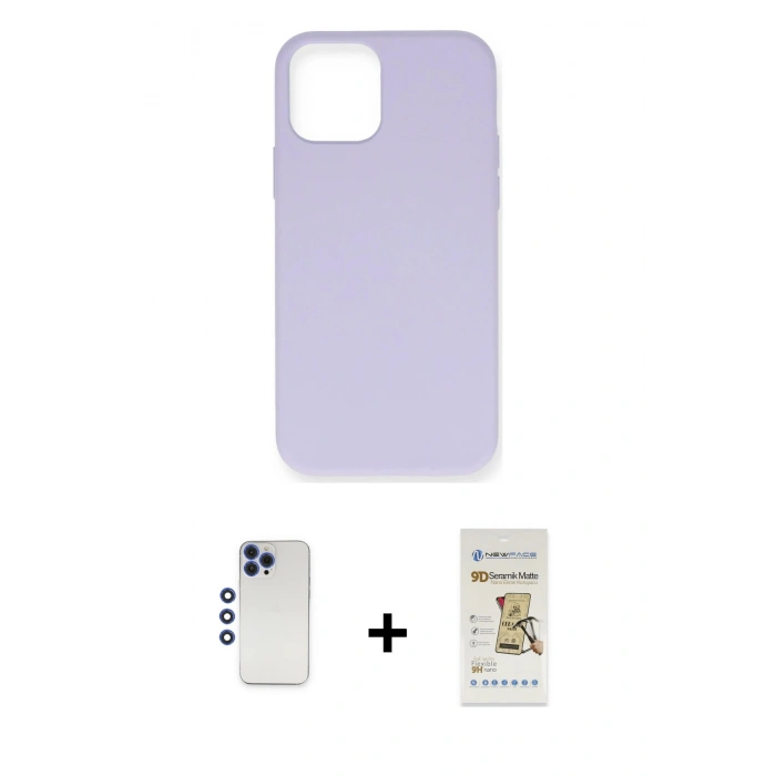 MARSİLYAN™- iPhone 12 Pro Max Kılıf Ahenk Serisi - Siyah Mat Seramik Nano Ekran Koruyucu + Lacivert Shine Kamera Lens