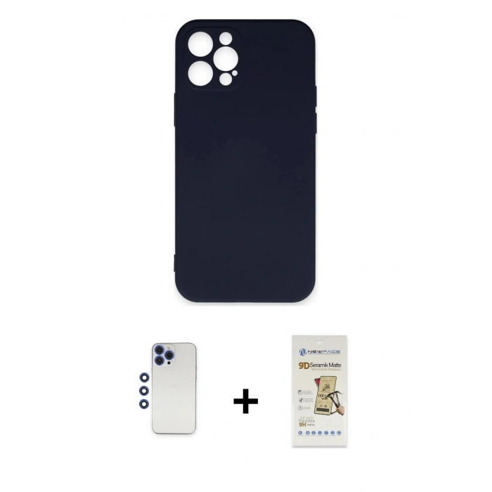MARSİLYAN™- iPhone 12 Pro Max Kılıf Ahenk Serisi - Siyah Mat Seramik Nano Ekran Koruyucu + Lacivert Shine Kamera Lens