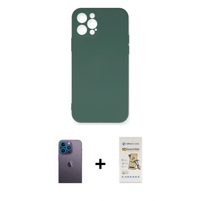 MARSİLYAN™- iPhone 12 Pro Max Kılıf Ahenk Serisi - Siyah Mat Seramik Nano Ekran Koruyucu + Neon Fosforlu Kamera Lens - MI
