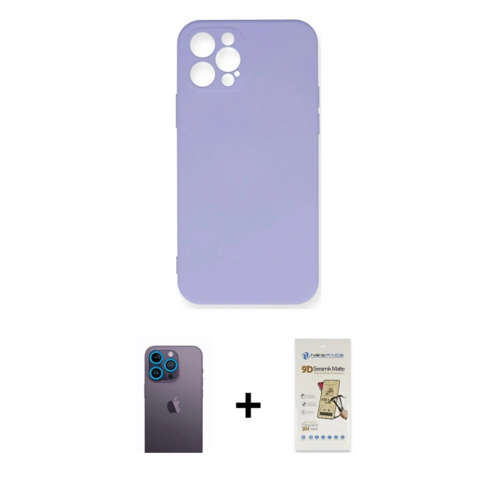 MARSİLYAN™- iPhone 12 Pro Max Kılıf Ahenk Serisi - Siyah Mat Seramik Nano Ekran Koruyucu + Neon Fosforlu Kamera Lens - MI