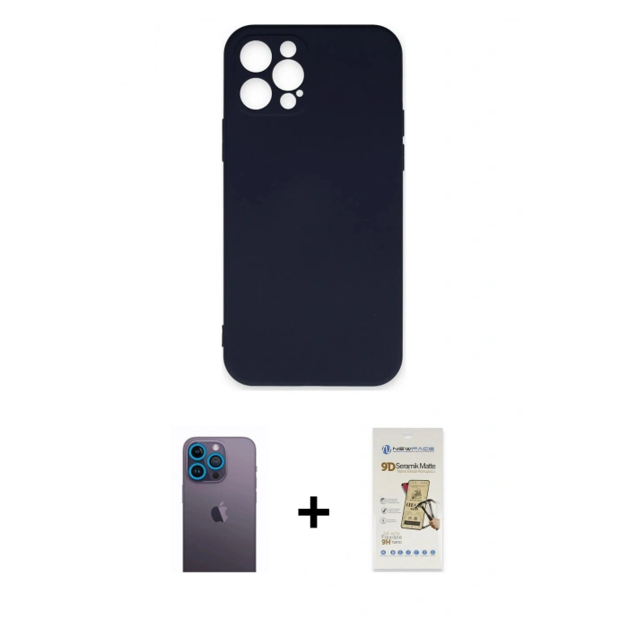 MARSİLYAN™- iPhone 12 Pro Max Kılıf Ahenk Serisi - Siyah Mat Seramik Nano Ekran Koruyucu + Neon Fosforlu Kamera Lens - MI
