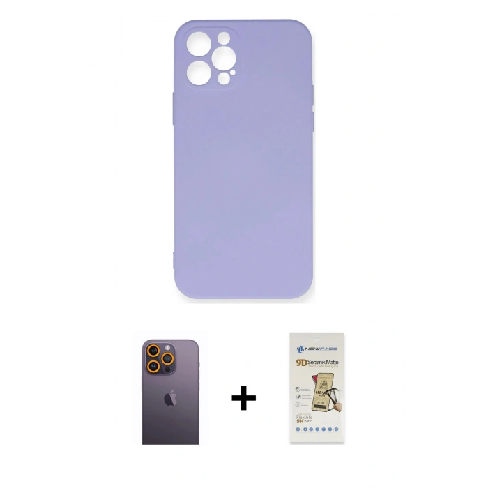 MARSİLYAN™- iPhone 12 Pro Max Kılıf Ahenk Serisi - Siyah Mat Seramik Nano Ekran Koruyucu + Neon Fosforlu Kamera Lens - SI