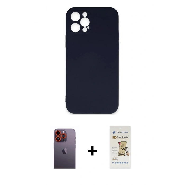 MARSİLYAN™- iPhone 12 Pro Max Kılıf Ahenk Serisi - Siyah Mat Seramik Nano Ekran Koruyucu + Neon Fosforlu Kamera Lens - TU