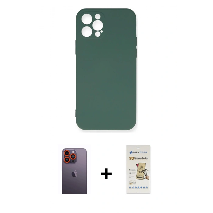 MARSİLYAN™- iPhone 12 Pro Max Kılıf Ahenk Serisi - Siyah Mat Seramik Nano Ekran Koruyucu + Neon Fosforlu Kamera Lens - TU
