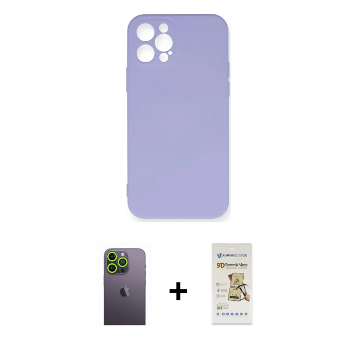 MARSİLYAN™- iPhone 12 Pro Max Kılıf Ahenk Serisi - Siyah Mat Seramik Nano Ekran Koruyucu + Neon Fosforlu Kamera Lens - YL