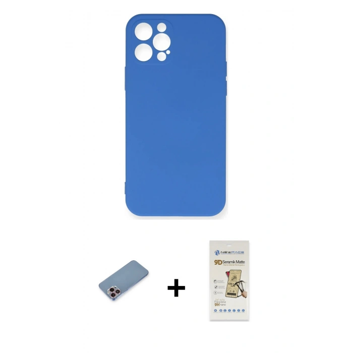 MARSİLYAN™- iPhone 12 Pro Max Kılıf Ahenk Serisi - Siyah Mat Seramik Nano Ekran Koruyucu + Shine Kamera Lens Koruma Cam - PE