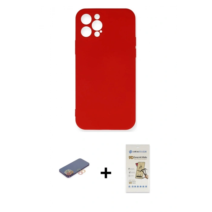 MARSİLYAN™- iPhone 12 Pro Max Kılıf Ahenk Serisi - Siyah Mat Seramik Nano Ekran Koruyucu + Renkli Kamera Lens Koruma Cam - TU