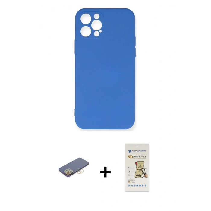 MARSİLYAN™- iPhone 12 Pro Max Kılıf Ahenk Serisi - Siyah Mat Seramik Nano Ekran Koruyucu + Renkli Kamera Lens Koruma Cam - SI