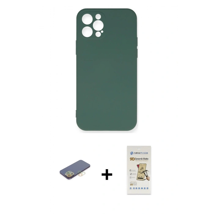 MARSİLYAN™- iPhone 12 Pro Max Kılıf Ahenk Serisi - Siyah Mat Seramik Nano Ekran Koruyucu + Renkli Kamera Lens Koruma Cam - SI