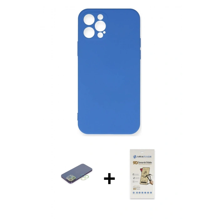 MARSİLYAN™- iPhone 12 Pro Max Kılıf Ahenk Serisi - Siyah Mat Seramik Nano Ekran Koruyucu + Renkli Kamera Lens Koruma Cam - YL