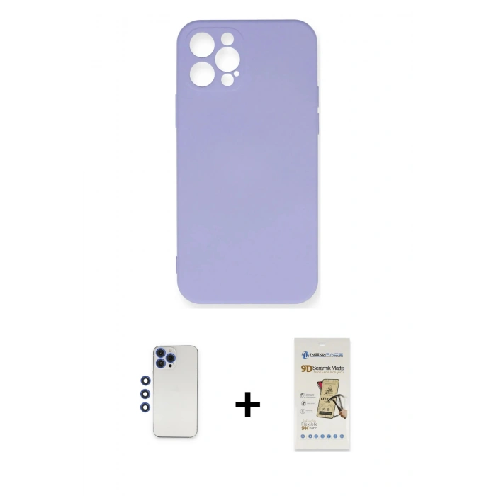 MARSİLYAN™- iPhone 12 Pro Max Kılıf Ahenk Serisi - Siyah Mat Seramik Nano Ekran Koruyucu + Shine Kamera Lens - LT