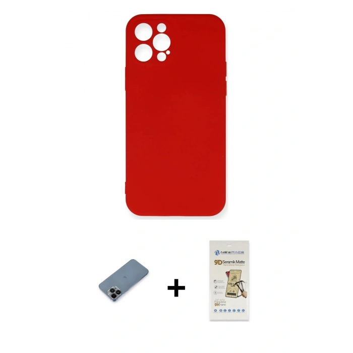 MARSİLYAN™- iPhone 12 Pro Max Kılıf Ahenk Serisi - Siyah Mat Seramik Nano Ekran Koruyucu + Shine Kamera Lens Koruma Cam - SH