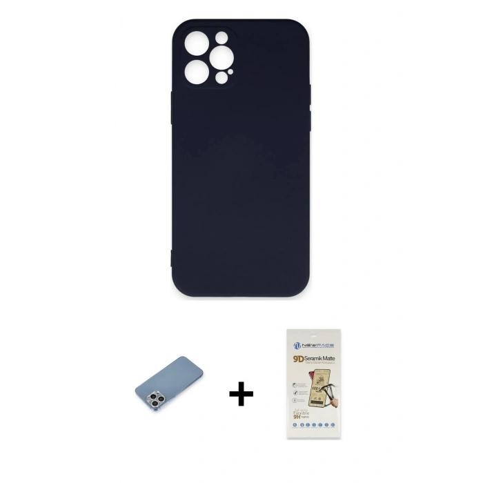 MARSİLYAN™- iPhone 12 Pro Max Kılıf Ahenk Serisi - Siyah Mat Seramik Nano Ekran Koruyucu + Shine Kamera Lens Koruma Cam - GS