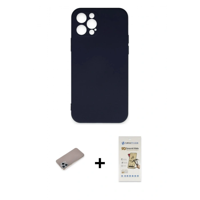 MARSİLYAN™- iPhone 12 Pro Max Kılıf Ahenk Serisi - Siyah Mat Seramik Nano Ekran Koruyucu + Shine Kamera Lens Koruma Cam - SABE