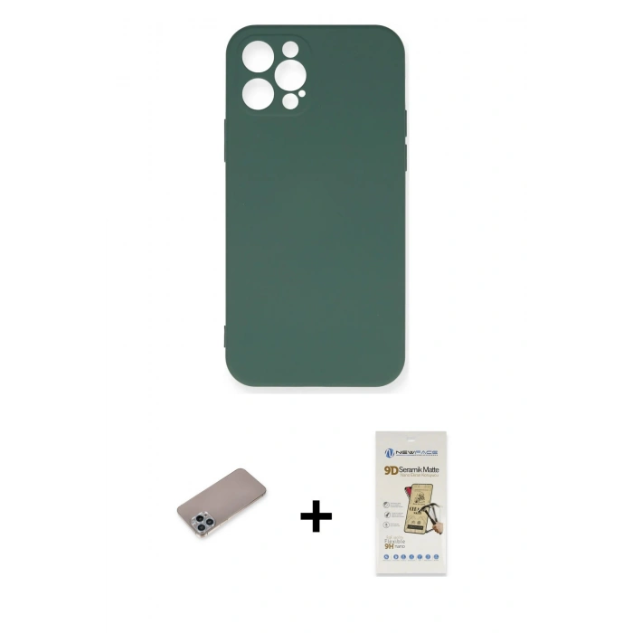 MARSİLYAN™- iPhone 12 Pro Max Kılıf Ahenk Serisi - Siyah Mat Seramik Nano Ekran Koruyucu + Shine Kamera Lens Koruma Cam - SABE