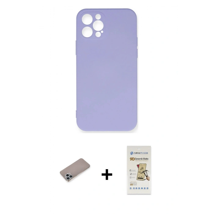 MARSİLYAN™- iPhone 12 Pro Max Kılıf Ahenk Serisi - Siyah Mat Seramik Nano Ekran Koruyucu + Shine Kamera Lens Koruma Cam - SABE