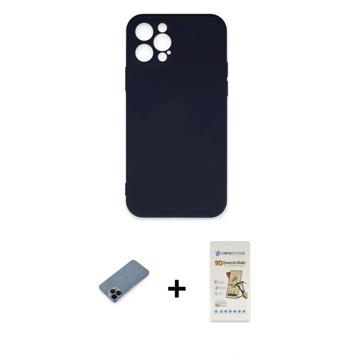 MARSİLYAN™- iPhone 12 Pro Max Kılıf Ahenk Serisi - Siyah Mat Seramik Nano Ekran Koruyucu + Shine Kamera Lens Koruma Cam - SH