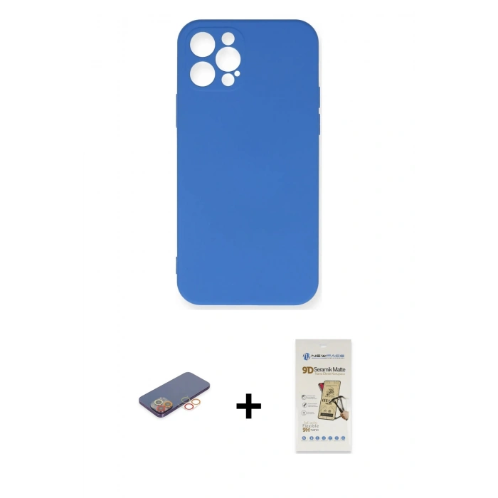 MARSİLYAN™- iPhone 12 Pro Max Kılıf Ahenk Serisi - Siyah Mat Seramik Nano Ekran Koruyucu + Turuncu Renkli Kamera Lens Koruma Cam