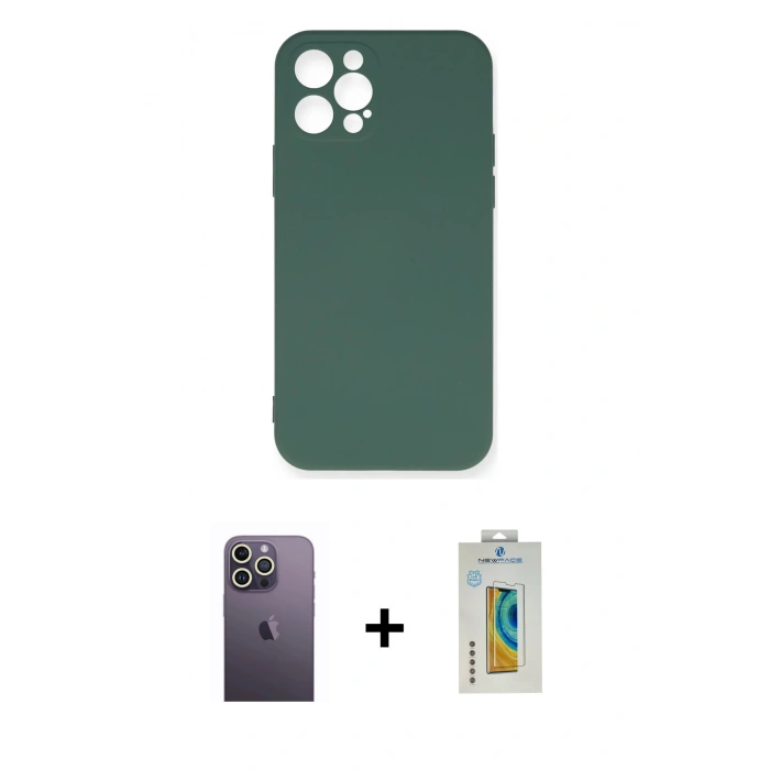 MARSİLYAN™- iPhone 12 Pro Max Kılıf Ahenk Serisi - Siyah Polymer Nano Ekran Koruyucu + Neon Fosforlu Kamera Lens - BZ