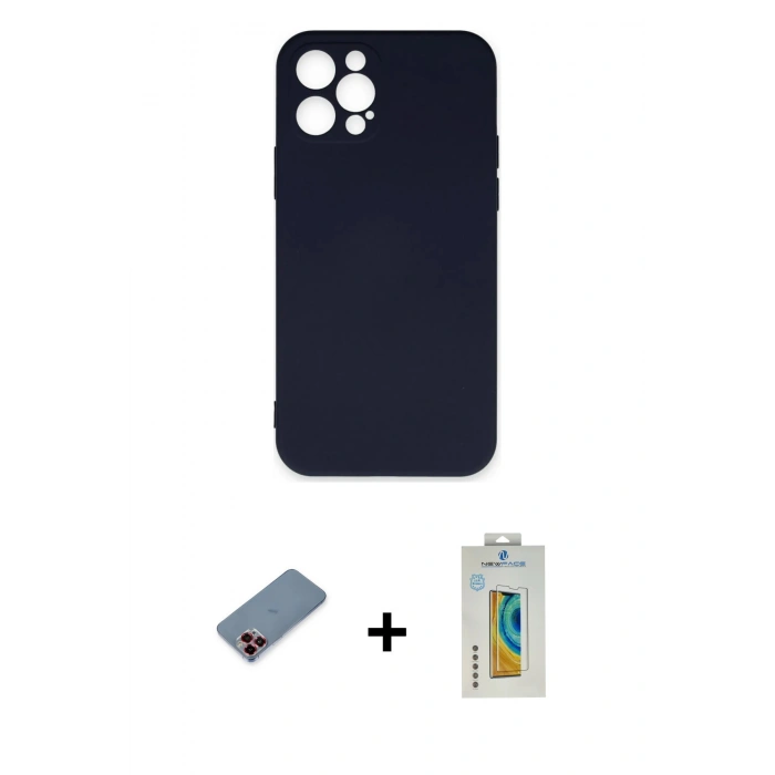 MARSİLYAN™- iPhone 12 Pro Max Kılıf Ahenk Serisi - Siyah Polymer Nano Ekran Koruyucu + Metal Kamera Lens Koruma Cam - KI