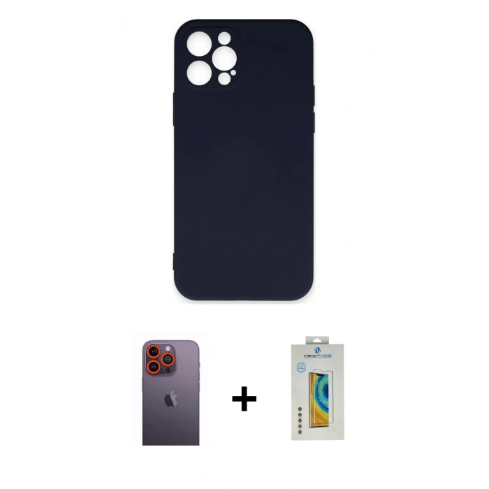 MARSİLYAN™- iPhone 12 Pro Max Kılıf Ahenk Serisi - Siyah Polymer Nano Ekran Koruyucu + Neon Fosforlu Kamera Lens - TU