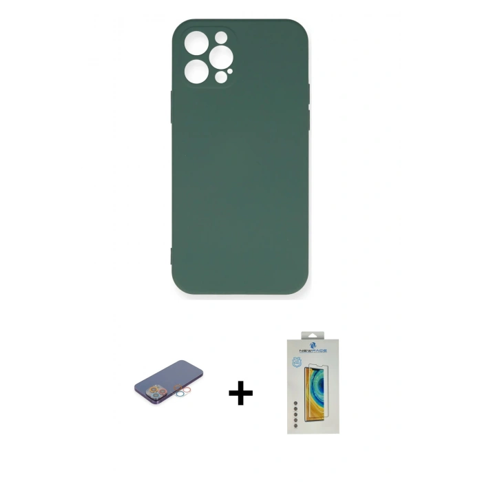 MARSİLYAN™- iPhone 12 Pro Max Kılıf Ahenk Serisi - Siyah Polymer Nano Ekran Koruyucu + Renkli Kamera Lens Koruma Cam - PE