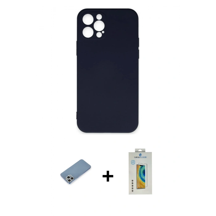 MARSİLYAN™- iPhone 12 Pro Max Kılıf Ahenk Serisi - Siyah Polymer Nano Ekran Koruyucu + Shine Kamera Lens Koruma Cam - GS
