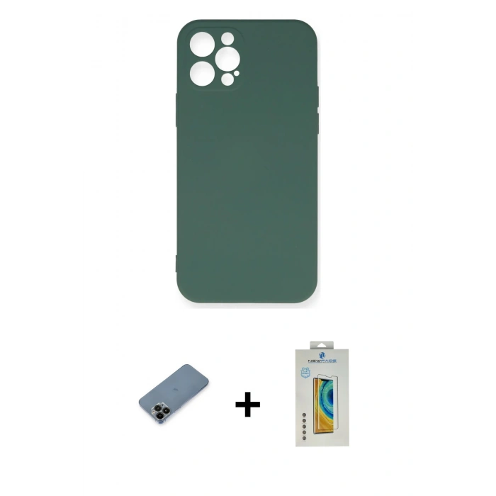 MARSİLYAN™- iPhone 12 Pro Max Kılıf Ahenk Serisi - Siyah Polymer Nano Ekran Koruyucu + Shine Kamera Lens Koruma Cam - SH