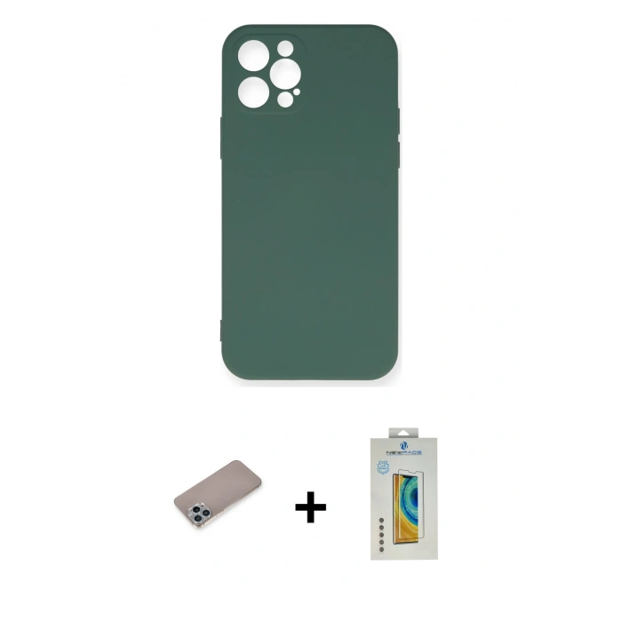 MARSİLYAN™- iPhone 12 Pro Max Kılıf Ahenk Serisi - Siyah Polymer Nano Ekran Koruyucu + Shine Kamera Lens Koruma Cam - SABE