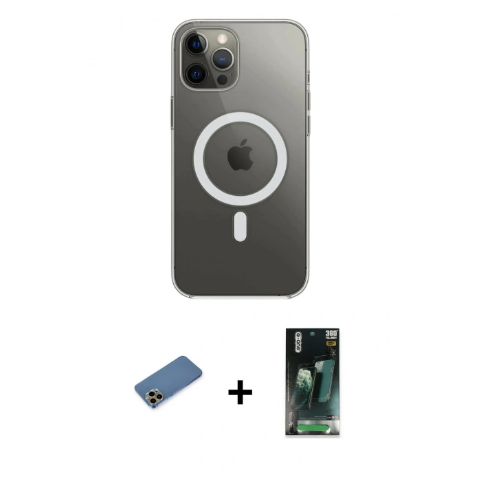 MARSİLYAN™- iPhone 12 Pro Max Kılıf Ahenk Yansıma Prime - Şeffaf 360 Full Body Arka Koruyucu + Shine Kamera Lens Koruma Cam - GD