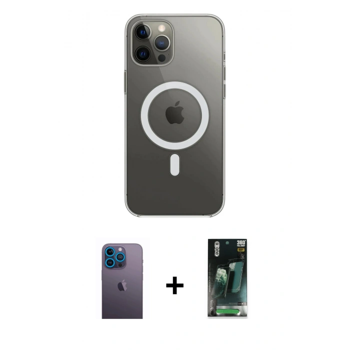 MARSİLYAN™- iPhone 12 Pro Max Kılıf Ahenk Yansıma Prime - Şeffaf 360 Full Body Arka Koruyucu + Neon Fosforlu Kamera Lens - MI
