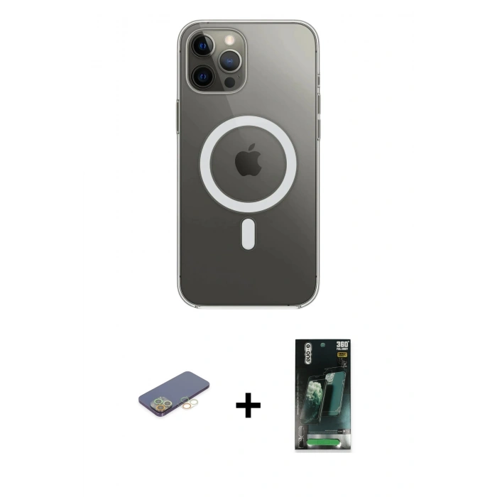 MARSİLYAN™- iPhone 12 Pro Max Kılıf Ahenk Yansıma Prime - Şeffaf 360 Full Body Arka Koruyucu + Renkli Kamera Lens Koruma Cam - SI
