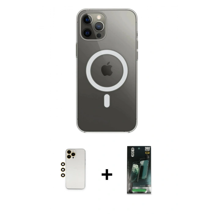 MARSİLYAN™- iPhone 12 Pro Max Kılıf Ahenk Yansıma Prime - Şeffaf 360 Full Body Arka Koruyucu + Shine Kamera Lens - GD