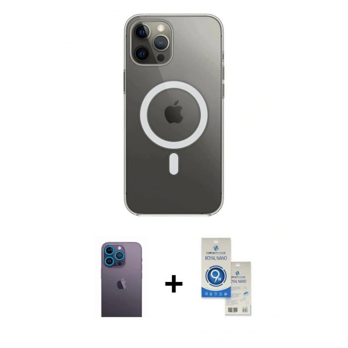MARSİLYAN™- iPhone 12 Pro Max Kılıf Ahenk Yansıma Prime - Şeffaf Royal Nano Ekran Koruyucu + Neon Fosforlu Kamera Lens - MI