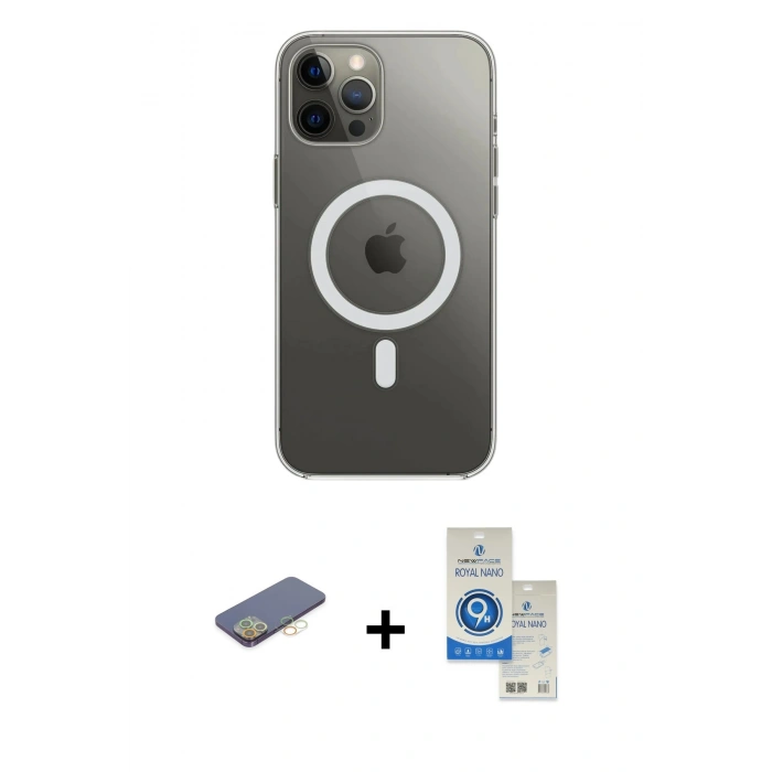 MARSİLYAN™- iPhone 12 Pro Max Kılıf Ahenk Yansıma Prime - Şeffaf Royal Nano Ekran Koruyucu + Renkli Kamera Lens Koruma Cam - SI