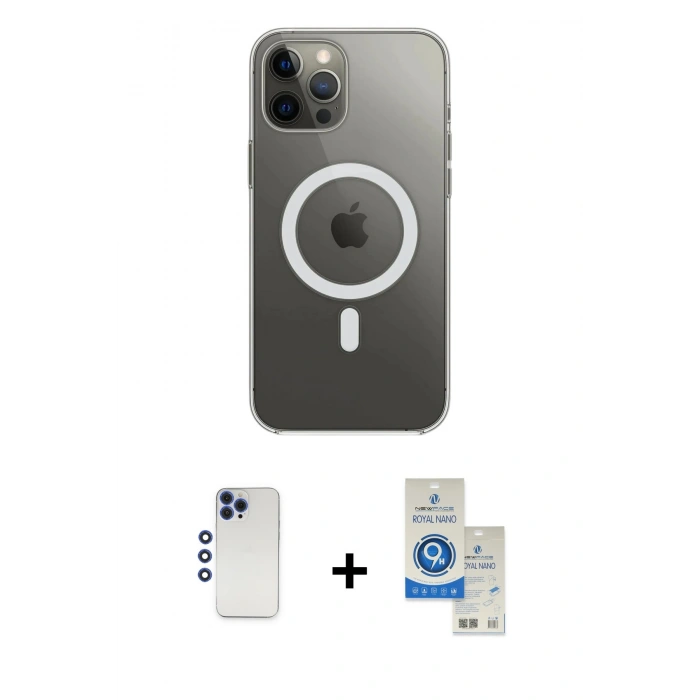 MARSİLYAN™- iPhone 12 Pro Max Kılıf Ahenk Yansıma Prime - Şeffaf Royal Nano Ekran Koruyucu + Shine Kamera Lens - LT