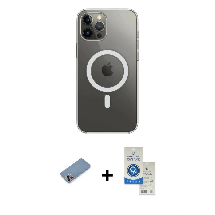 MARSİLYAN™- iPhone 12 Pro Max Kılıf Ahenk Yansıma Prime - Şeffaf Royal Nano Ekran Koruyucu + Shine Kamera Lens Koruma Cam - PE