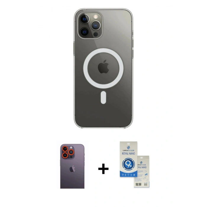 MARSİLYAN™- iPhone 12 Pro Max Kılıf Ahenk Yansıma Prime - Şeffaf Royal Nano Ekran Koruyucu + Neon Fosforlu Kamera Lens - TU