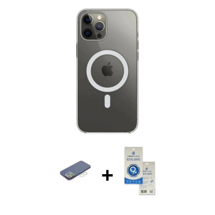 MARSİLYAN™- iPhone 12 Pro Max Kılıf Ahenk Yansıma Prime - Şeffaf Royal Nano Ekran Koruyucu + Renkli Kamera Lens Koruma Cam - YL