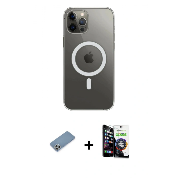 MARSİLYAN™- iPhone 12 Pro Max Kılıf Ahenk Yansıma Prime - Şeffaf Temperli Cam Ekran Koruyucu + Gümüş Shine Kamera Lens Koruma Cam