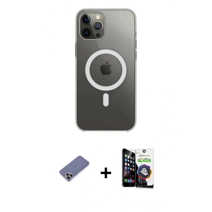 MARSİLYAN™- iPhone 12 Pro Max Kılıf Ahenk Yansıma Prime - Şeffaf Temperli Cam Ekran Koruyucu + Metal Kamera Lens Koruma Cam - GD