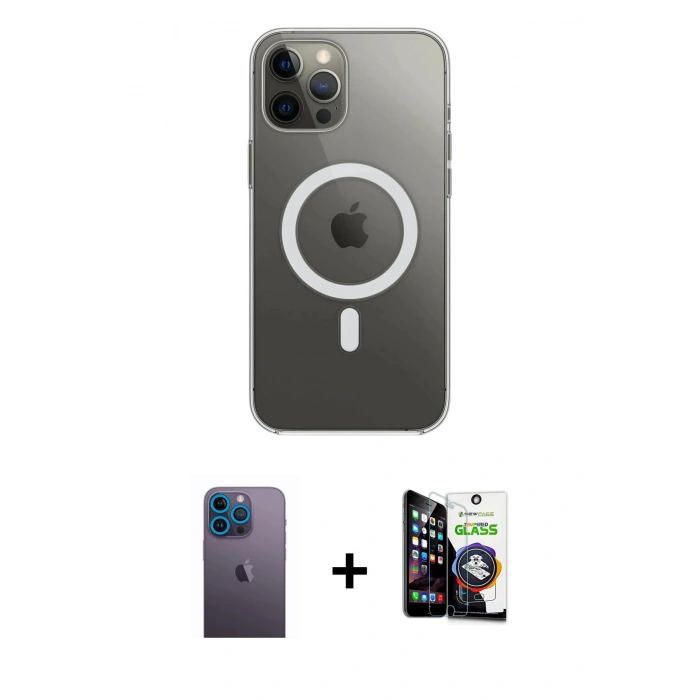 MARSİLYAN™- iPhone 12 Pro Max Kılıf Ahenk Yansıma Prime - Şeffaf Temperli Cam Ekran Koruyucu + Neon Fosforlu Kamera Lens - MI