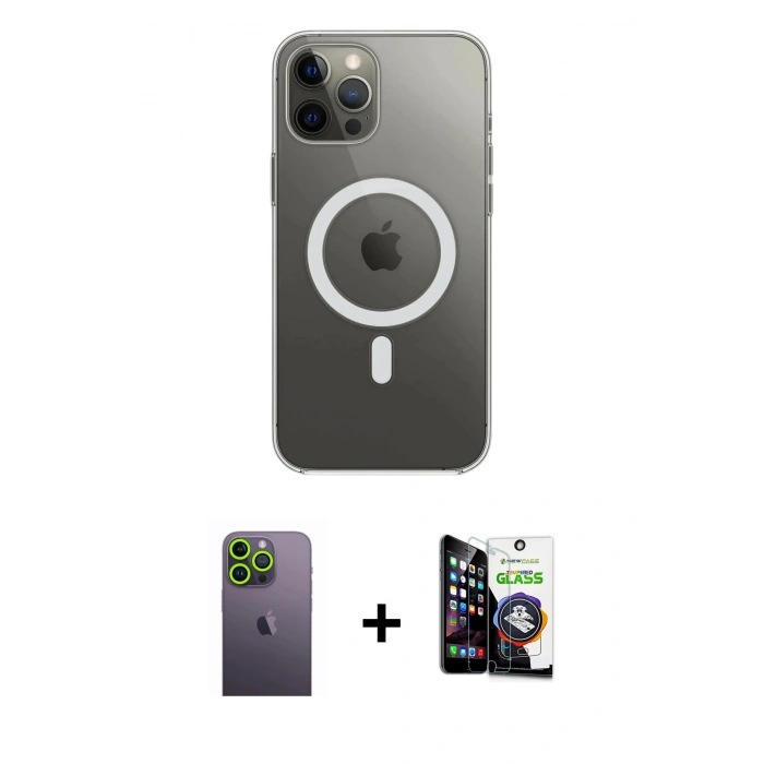 MARSİLYAN™- iPhone 12 Pro Max Kılıf Ahenk Yansıma Prime - Şeffaf Temperli Cam Ekran Koruyucu + Neon Fosforlu Kamera Lens - YL